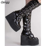 Niulatu 43 Designer Platform Thick Heel Mid Calf Boots Women Punk Cool Gothic Black Buckle Shoes Woman High Zipper Boots Women DJSE