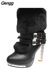 Niulatu Women High Heels Boots Fashion Ladies Party Shoes Warm Fur Shoes Woman Super High Heel 10cm Black White A2813 DJSE