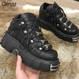 Niulatu Women's New Rock Shoes Gothic Chunky Platform Ankle Boots Punk Style Heels Height 6CM Sneakers Lace-up PU Metal Decor DJSE