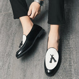 Niulatu MEN DRESS WEDDING OFFICE SHOES SUEDE PATCHWORK PATENT LEATHER SLIP ON TASSEL LOAFER FOR MEN CASUAL SHOES DJSE