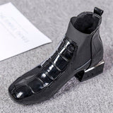 Niulatu Chic Women Boots Shiny PU Leather Autumn Winter Shoes Woman Spuare Toe Block Heels Ankle Boots Female Botas Zapatos Mujer DJSE