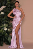 Niulatu Satin Side Slit Evening Dress One Shoulder Pleated Long Party HZ1007