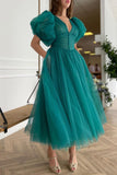 Niulatu Dark Green A-Line Tulle Evening Dress with V-Neck and Short HZ1007