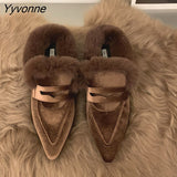 Niulatu Women Luxury Velvet Mules Pointy Toe Slip-on Fur Sandals Ladies Brand Design Outdoor Furry Slides Evening Party Heeled Shoes DJSE