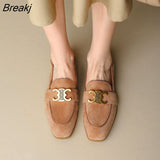 Niulatu Metal Buckle Loafers Women's English Style High Heel Flat Single Shoes Ladies Dress Shoes Faux Suede Low DJSE