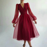 Niulatu Puffy Long Sleeve Burgundy Tea Length Long Prom Dress/Evening Gown HZ0113