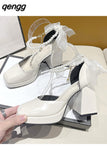 Niulatu Heels Elegant Bow Square Toe Black Fashion Women&#39;s Pumps Thick Heel Wedding Party Pearl Lace Wedding Shoes for Women DJSE