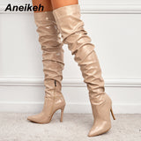 Niulatu Female Women Shoes Heels Fashion Solid Patent Leather Over The Knee Chelsea Boots Sexy Thin High Heel Side Zippers DJSE