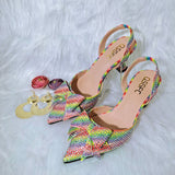 Niulatu 2025 New Fashion Full Of Crystal Decoration Style Rainbow Glass Heel Friends Party Shoes Ladies Shoes And Bag For Party DJSE