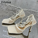 Niulatu Sexy Green Mesh Pumps Sandals Female Square Toe high heel Lace Up Cross-tied Stiletto hollow Dress shoes size DJSE