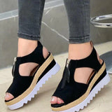 Niulatu Women Sandals Fashion Fish Mouth Hollow Wedge Flat Shoes Front Zip Casual Platform Comfortable Roman Sandals Sandalias Playa DJSE