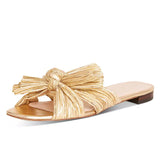 Niulatu Slip On Bowknot Women Pleated Sandals Slides Summer Flat Low Heel Casual Slip On Gold Leisure Open Toe Shoes Size 43 DJSE