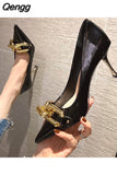 Niulatu Shoes 2025 Pointed Toe Stiletto Shoes Women Green Pumps Patent Leather High Heels with Metal Chain Ladies Office DJSE
