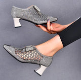 Niulatu Bling Bling Rhinestone Mesh Pointed toe High Heels Sandals Square Heels Female Crystal Mesh Shoes Sandals DJSE