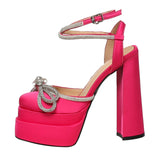 Niulatu Women Pumps Elegant Party Shoes Butterfly-Knot Crystal Hoof Heel Platform Square Toe High Heel Dress Shoes DJSE
