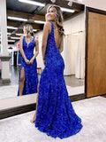 Classy Mermaid V Neckline Royal Blue Lace Prom Dresses Graduation Dresses HZ1214