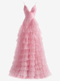 Niulatu Pink A-Line Tiered Spaghetti Straps Tulle Prom HZ1007