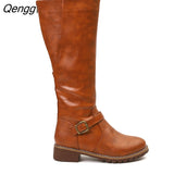 Niulatu Women's Knee High Boots Fashion Low Heels Square Platform Long Boots Brown Black Leather PU Zip Winter Woman Warm Shoes Booties DJSE