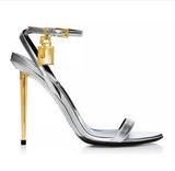 Niulatu Women Sexy Gold Silver Black Padlock Sandals Thin Metal Stiletto Heel Dress Shoes Metal Decoration High Heels Pumps DJSE