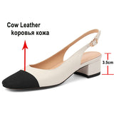 Niulatu Women Genuine Leather Sandals Square Mid Heel Sandals Square Toe Shallow Slingbacks Sandals Ladies Summer Shoes Apricot DJSE