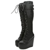 Niulatu Size 35-43 Ladies Wedges High Heels Knee High Boots Cross Tied High Platform Boots Women Party Sexy Shoes Woman DJSE