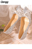 Niulatu High Heels Pumps Women 2025 New Slip On Shiny Sequins Wedding Shoes Woman Crystal Bowtie Stiletto Heeled Party Shoes DJSE