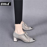 Niulatu Bling Bling Rhinestone Mesh Pointed toe High Heels Sandals Square Heels Female Crystal Mesh Shoes Sandals DJSE
