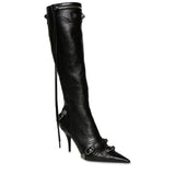 Niulatu Luxury Pointed Toe Stiletto Women's Shoes Retro Metal Buckle Zipper Knee High Boots Slim Tassel Boots Women Size 43 DJSE