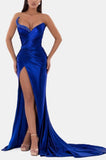 Niulatu V-Neck High Slit Pleated Strapless Royal Blue Prom HZ1007