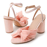 Niulatu Bridal Bowknot Pleated High Heeled Women's Sandals 2025 Design Ankle Strappy Round High Heels Elegant Ladies Shoes DJSE
