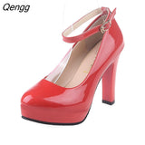 Niulatu High Heel Sexy Women's Pumps Patent Leather Woman Thick Platform Mary Jane Women Party Shoes Buckle Shallow Shoes PU DJSE
