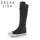 Niulatu Lady Dance Shoes Long Boots Perforation Holes High Top Lacing Side Zipper Canvas Flats Increased Big Size DJSE