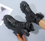 Niulatu Punk Ankle Platform Motorcycle Martin Boots Women Lace Up Chunky Heel Belt Buckle Pocket Designer Shoes Women DJSE