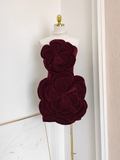 Niulatu Sheath Strapless Burgundy Velvet Vacation Dresses Short Burgundy Birthday Dress With Gloves SD235
