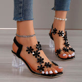 Niulatu Women Sandals 2025 Summer Crystal Flower Decoration Chunky Heel Peep Toe Back Strap Elastic Band Elegant Fashion Women's Shoes DJSE