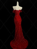 Niulatu Mermaid Sweetheart Red Slit Sequin Long Evening Gowns Prom Dress SD2766