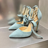 Niulatu Spring New Women's Fashion Pointed Suede Beaded Lace Up Hollow High Heel Single Shoes Party Wedding Shoes DJSE
