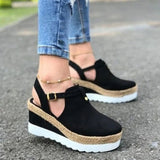 Niulatu Women's Sandals Vintage Wedge Shoes Woman Buckle Strap Straw Thick Bottom Flats Platform Sandals Flock Female Shoes Summer 2025 DJSE