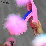 Niulatu college Women Sandals Fluffy High Heels Summer Fur Shoes 2025 Casual Ankle Buckle Fashion Shoes Non-Slip Outside Sandals Big Size 43 DJSE