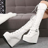Niulatu Size 35-43 Ladies Wedges High Heels Knee High Boots Cross Tied High Platform Boots Women Party Sexy Shoes Woman DJSE