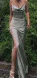 Niulatu Silk Satin Long Evening Party Dress Prom Dresses with High Slit SD1342