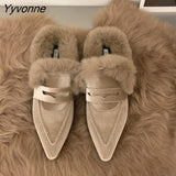Niulatu Women Luxury Velvet Mules Pointy Toe Slip-on Fur Sandals Ladies Brand Design Outdoor Furry Slides Evening Party Heeled Shoes DJSE