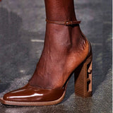 Niulatu Personality Hollow Wood Grain High-Heel Leather Sandals Retro Special-Shaped Heel Hollow Toe Cap Fashion Shoes DJSE