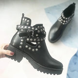 Niulatu Boots Ladies Leather Ankle Boots Spring Autumn Thick Sole Biker Shoes Ladies Punk Pearl Rivet Shoes Large Size DJSE