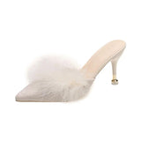 Niulatu Women High Heels Shoes 2025 Summer New Fur Pointed Toe Thin Heels Women Mules Dress Party Outside Ladies Slippers Plus Size 42 DJSE