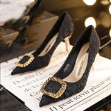 Niulatu Women's Shoes Spring 2025 Korean Metal High Heels Stiletto Pumps Beige Shallow Mouth Square Buckle Woman Dress Working Shoes DJSE