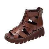 Niulatu Women Summer Sandals Mid Heels Wedges Shoes Ladies Vintage Genuine Leather Sandals DJSE