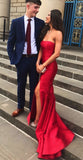 Niulatu prom dresses, strapless mermaid red prom dresses with slit HZ0113