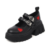 Niulatu Gothic Girls Red Heart Shoes Thick Heel Mary Jane Shoes For Women Vintage Style Platform Pumps Rubber Sole Spring Fall DJSE