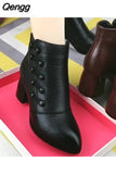 Niulatu Winter Women Boots Pu Leather Solid Color Mid Chunky Heel Ankle Boots Button Pumps Shoes Warm Ladies Short Booties DJSE
